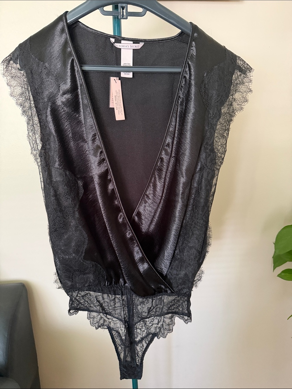 Victoria's Secret Black Satin & Lace Wrap Bodysuit Chemise